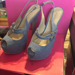 Shoe Dazzle Denim Blue Peep-Toe Platform Slingbacks